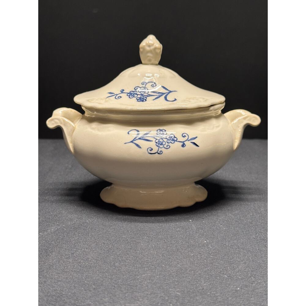 Vintage Homer Laughlin Blue Dresden Covered Sugar Bowl –Imperial Flowers Pattern